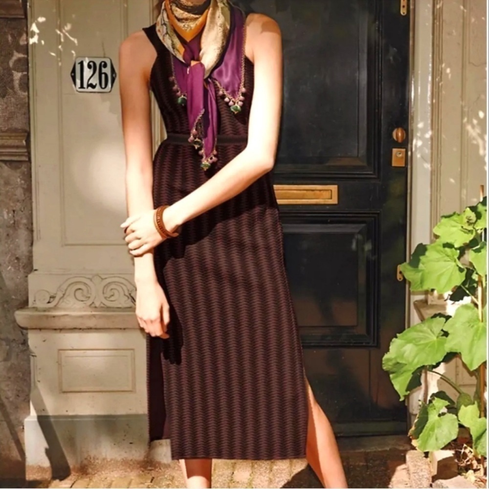 Anthropologie Maeve Meridian Boho Midi Dress Texture Racerback Black Brown Small - Picture 16 of 16